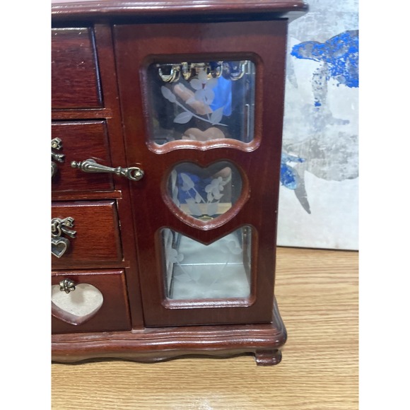 Vintage Wooden Armoire Jewelry Box Chest Necklace Carousel Etched Flowers - Picture 3 of 16